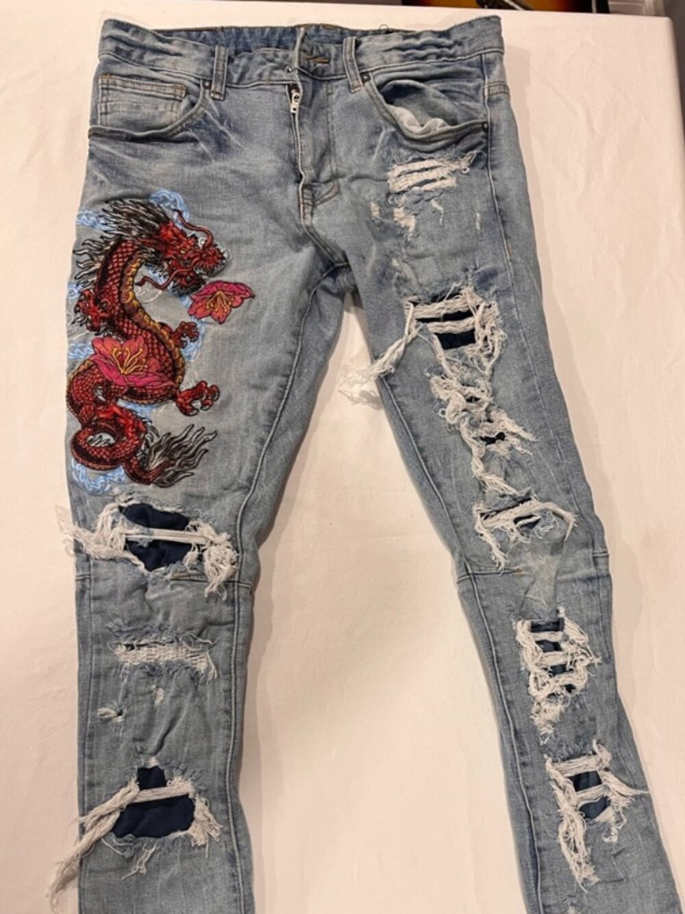 Smoke Rise Japanese Dragon Embroidered Distressed Skinny Jeans Men's 32x32 AS IS